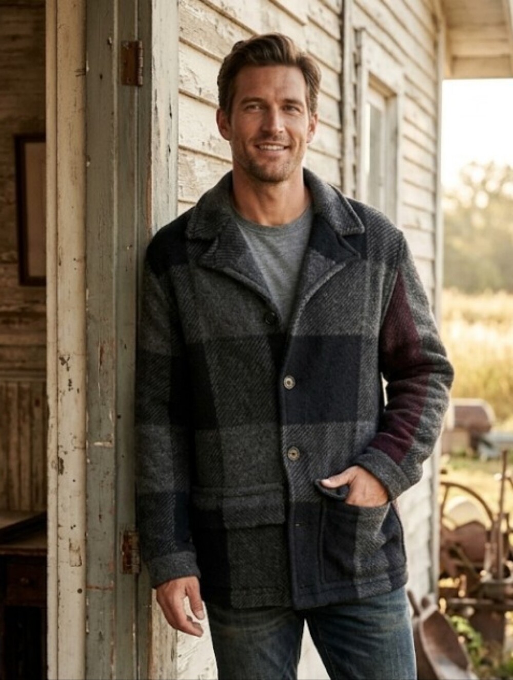Burberry Brit Jacket Wool Buffalo Plaid Chore Farmhouse Pea Coat XL